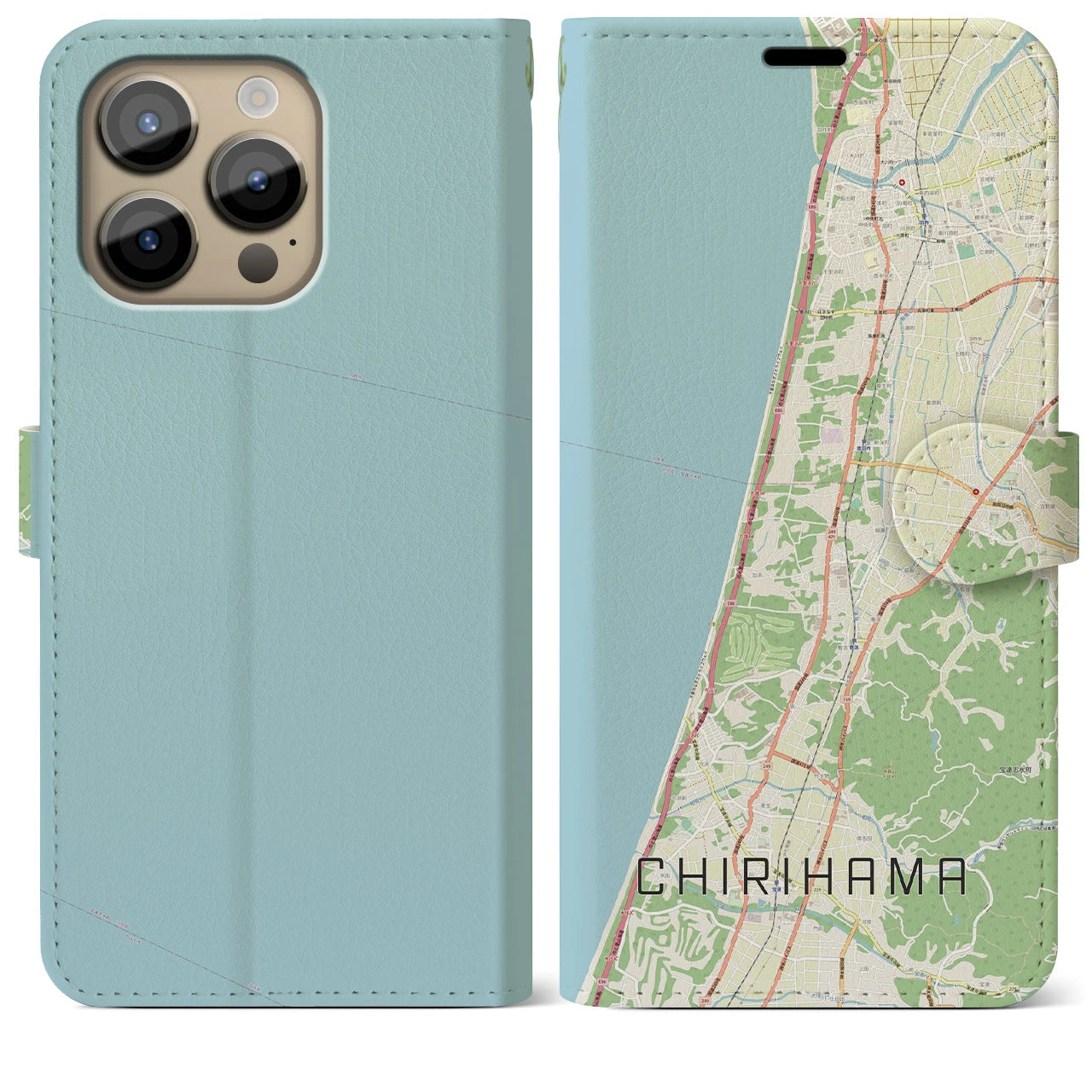 【千里浜(石川県)】地図柄iPhoneケース(手帳タイプ)ナチュラル・iPhone 14 Pro Max 用