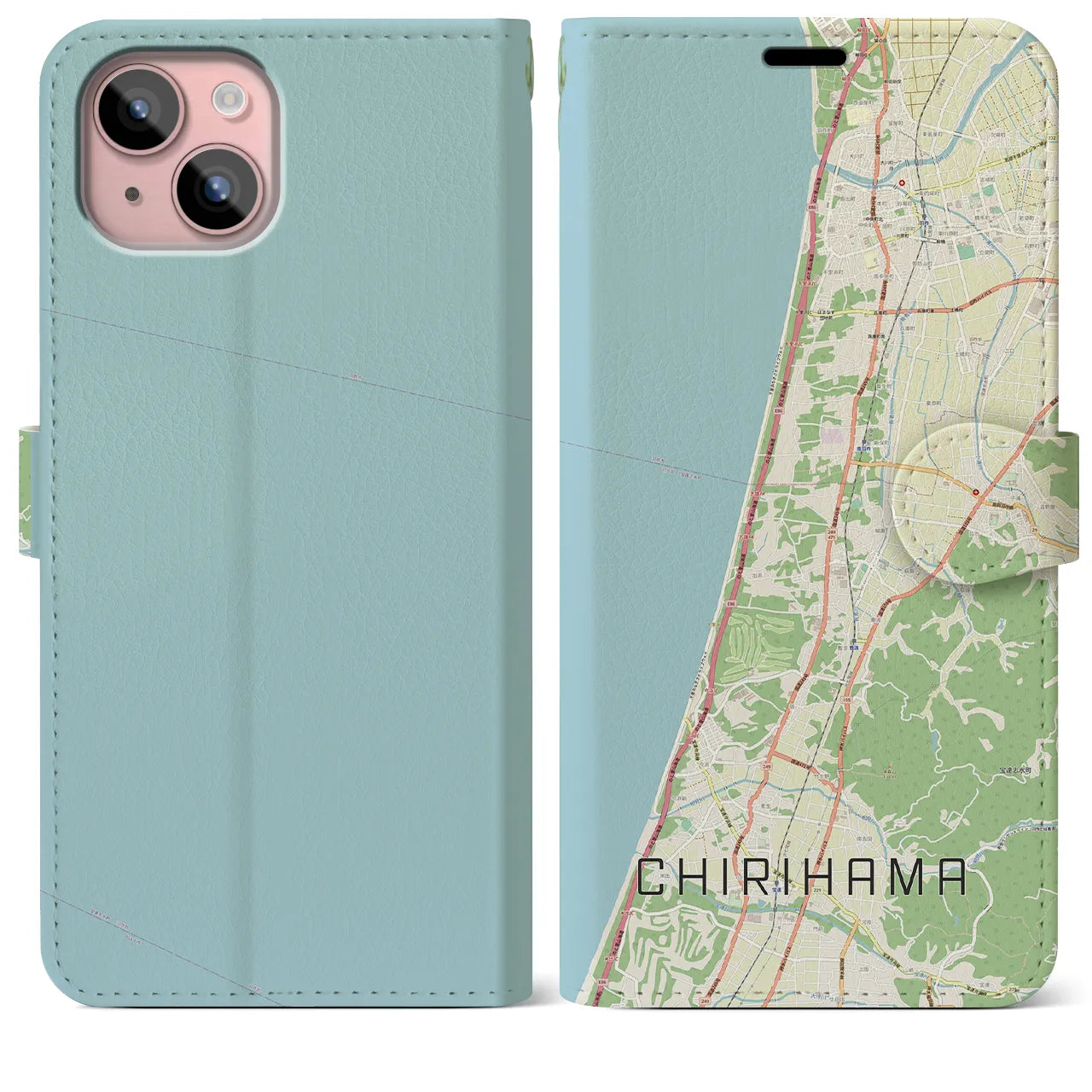 【千里浜(石川県)】地図柄iPhoneケース(手帳タイプ)ナチュラル・iPhone 15 Plus 用