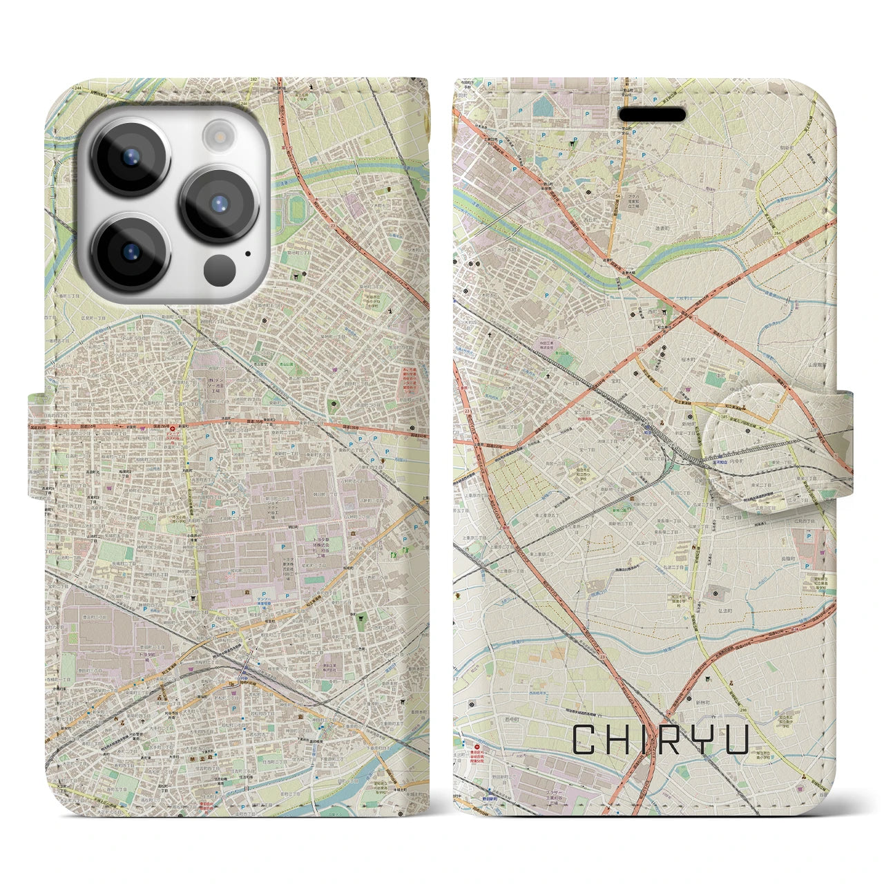 【知立(愛知県)】地図柄iPhoneケース(手帳タイプ)ナチュラル・iPhone 14 Pro 用