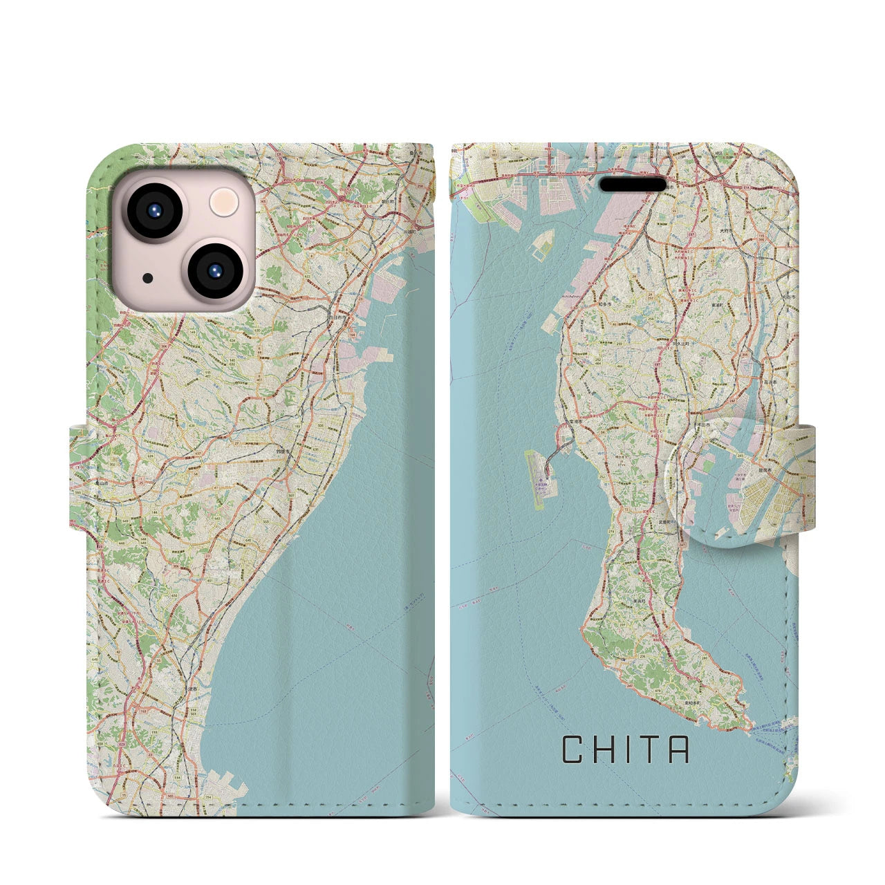 【知多2(愛知県)】地図柄iPhoneケース(手帳タイプ)ナチュラル・iPhone 13 mini 用