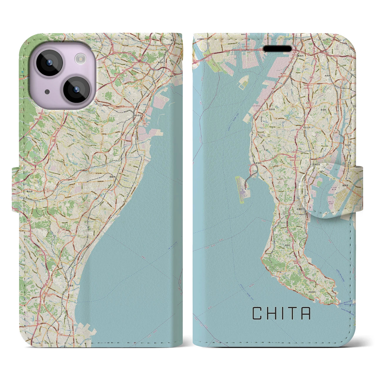 【知多2(愛知県)】地図柄iPhoneケース(手帳タイプ)ナチュラル・iPhone 14 用