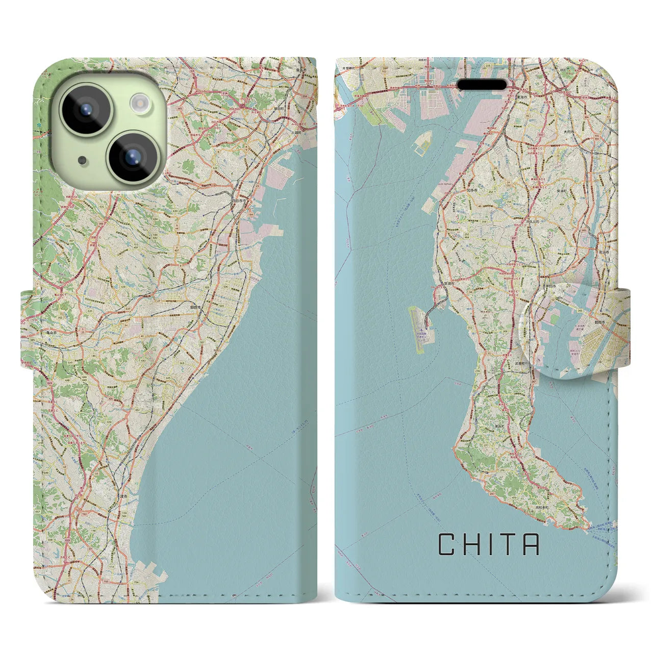 【知多2(愛知県)】地図柄iPhoneケース(手帳タイプ)ナチュラル・iPhone 15 用