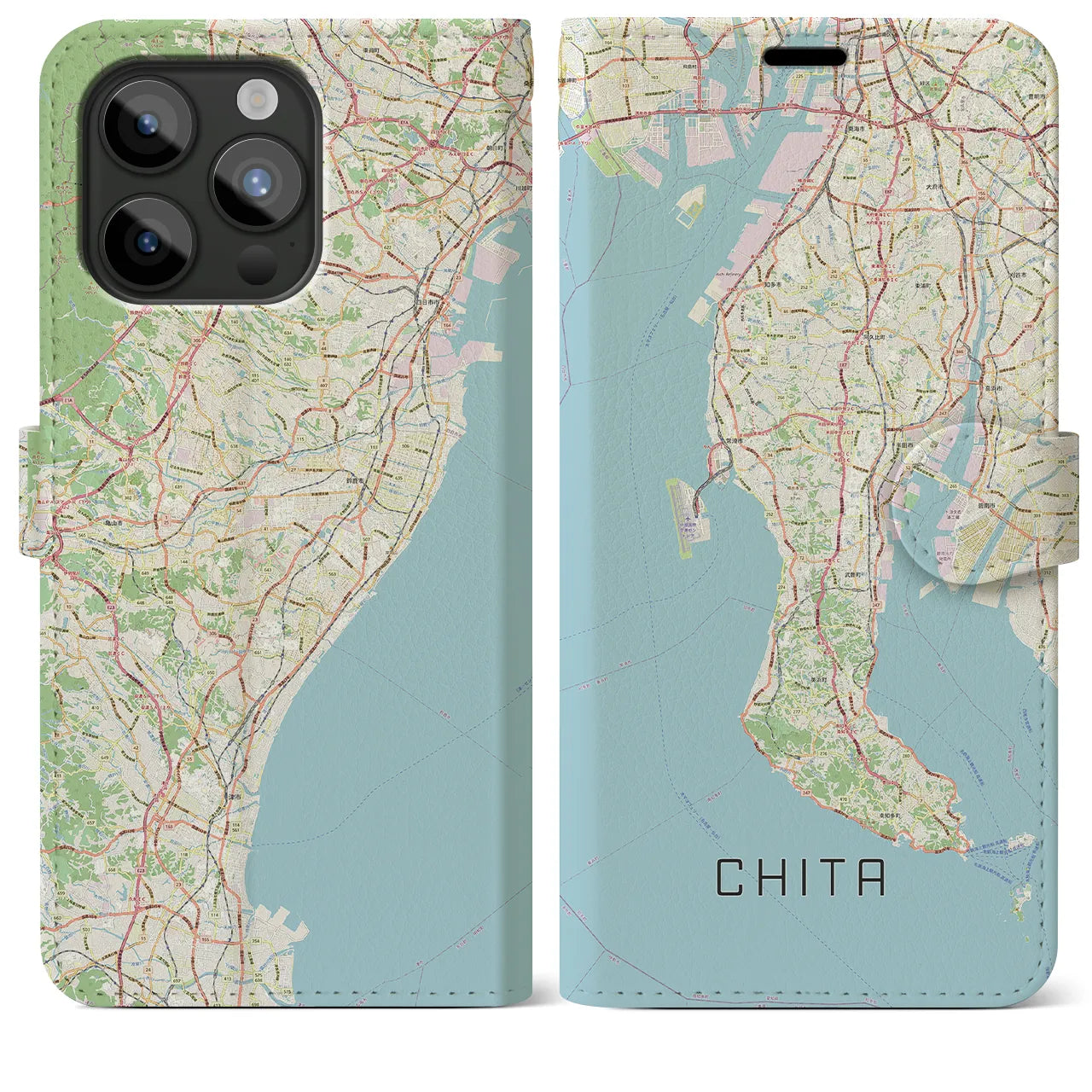 【知多2(愛知県)】地図柄iPhoneケース(手帳タイプ)ナチュラル・iPhone 15 Pro Max 用