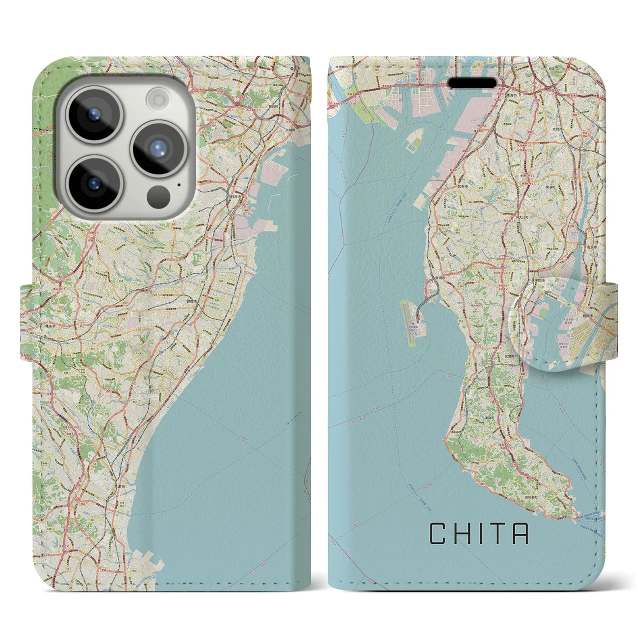 【知多2(愛知県)】地図柄iPhoneケース(手帳タイプ)ナチュラル・iPhone 15 Pro 用