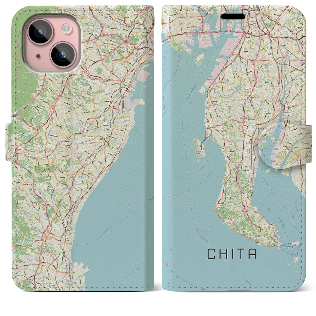 【知多2(愛知県)】地図柄iPhoneケース(手帳タイプ)ナチュラル・iPhone 15 Plus 用