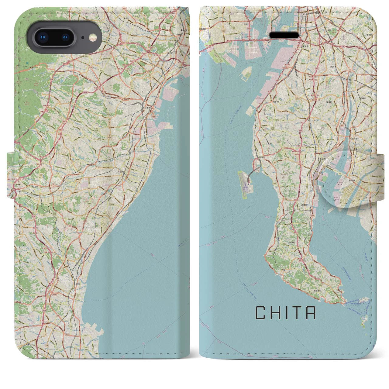 【知多2(愛知県)】地図柄iPhoneケース(手帳タイプ)ナチュラル・iPhone 8Plus /7Plus / 6sPlus / 6Plus 用