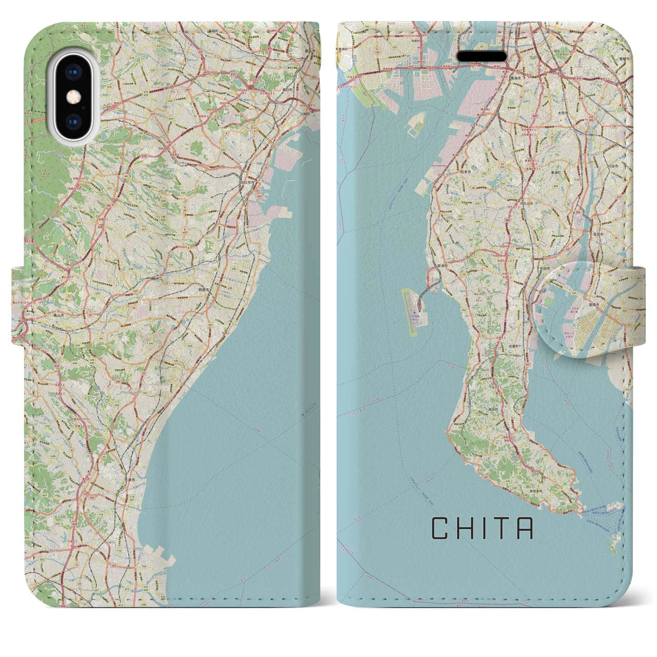 【知多2(愛知県)】地図柄iPhoneケース(手帳タイプ)ナチュラル・iPhone XS Max 用