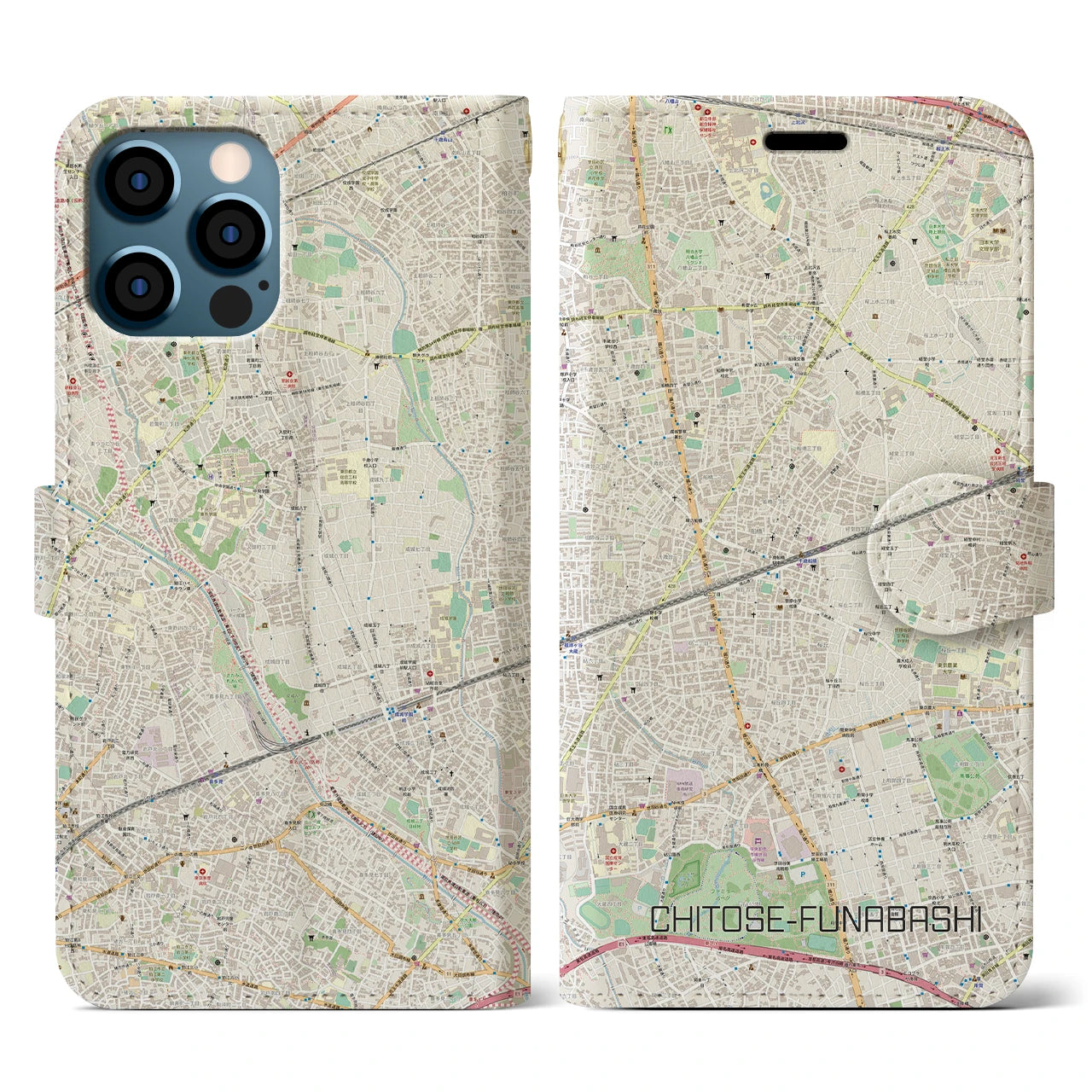 【千歳船橋(東京都)】地図柄iPhoneケース(手帳タイプ)ナチュラル・iPhone 12 / 12 Pro 用
