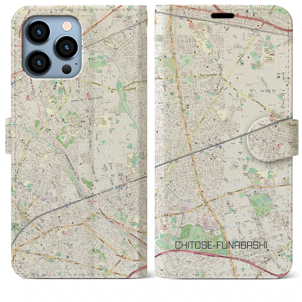 【千歳船橋(東京都)】地図柄iPhoneケース(手帳タイプ)ナチュラル・iPhone 13 Pro Max 用