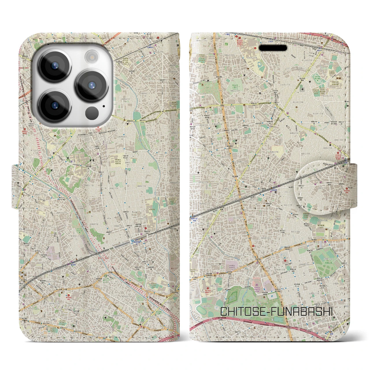 【千歳船橋(東京都)】地図柄iPhoneケース(手帳タイプ)ナチュラル・iPhone 14 Pro 用