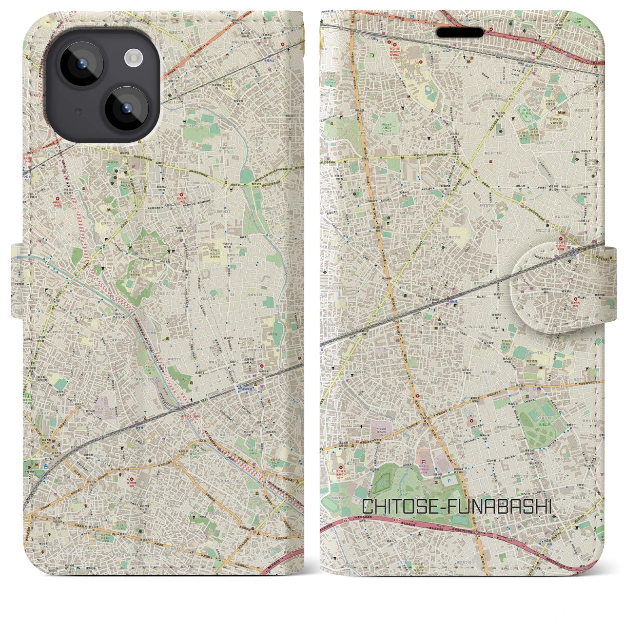 【千歳船橋(東京都)】地図柄iPhoneケース(手帳タイプ)ナチュラル・iPhone 14 Plus 用