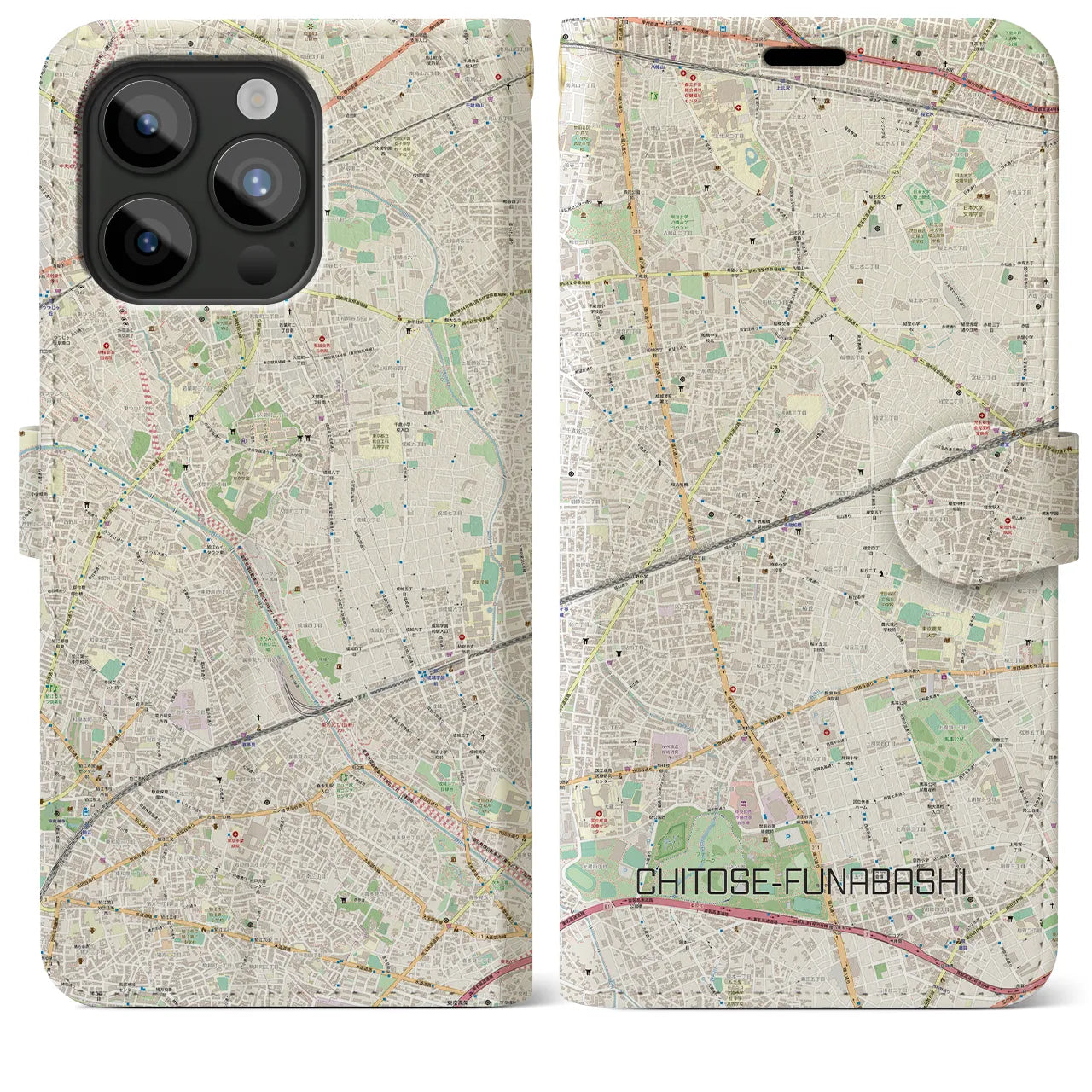 【千歳船橋(東京都)】地図柄iPhoneケース(手帳タイプ)ナチュラル・iPhone 15 Pro Max 用