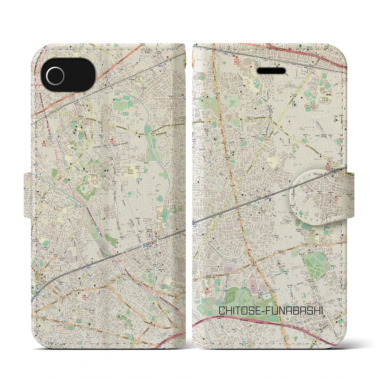 【千歳船橋(東京都)】地図柄iPhoneケース(手帳タイプ)ナチュラル・iPhone SE(第3 / 第2世代) / 8 / 7 / 6s / 6 用