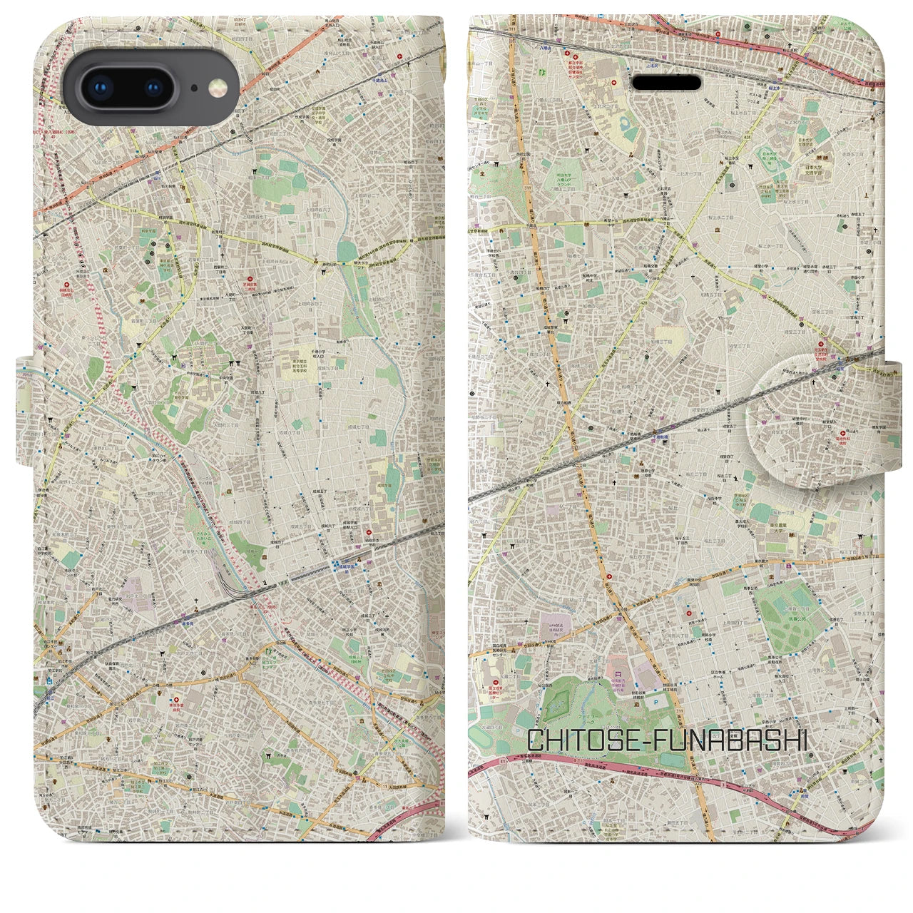 【千歳船橋(東京都)】地図柄iPhoneケース(手帳タイプ)ナチュラル・iPhone 8Plus /7Plus / 6sPlus / 6Plus 用