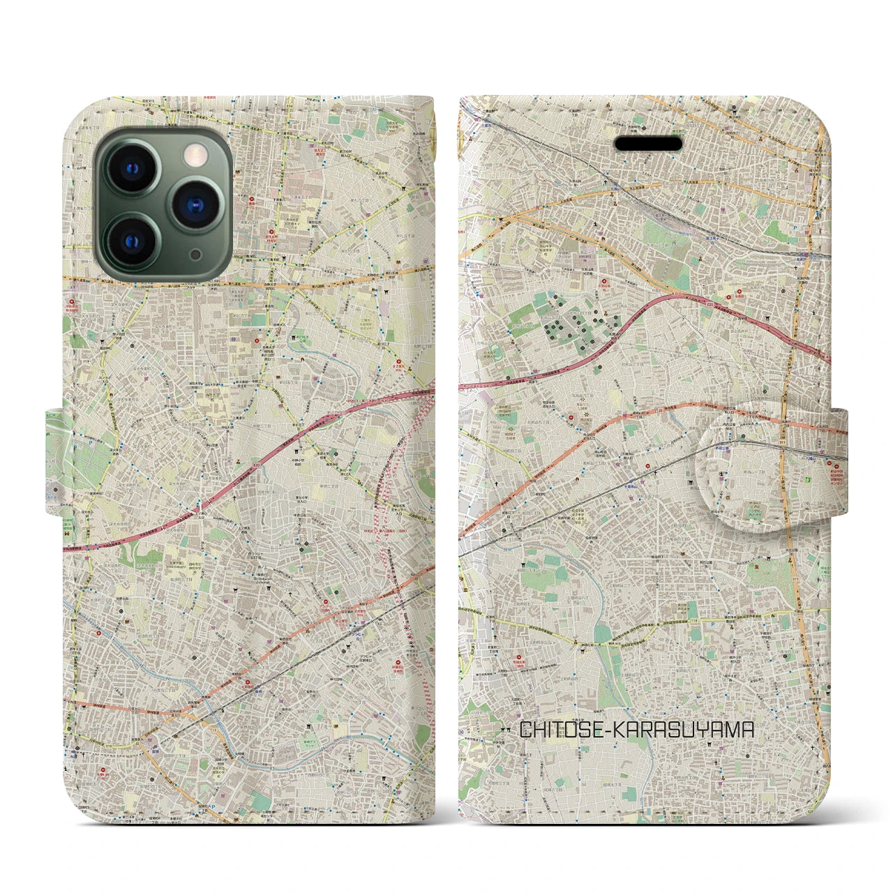 【千歳烏山(東京都)】地図柄iPhoneケース(手帳タイプ)ナチュラル・iPhone 11 Pro 用