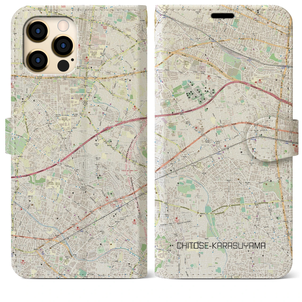 【千歳烏山(東京都)】地図柄iPhoneケース(手帳タイプ)ナチュラル・iPhone 12 Pro Max 用