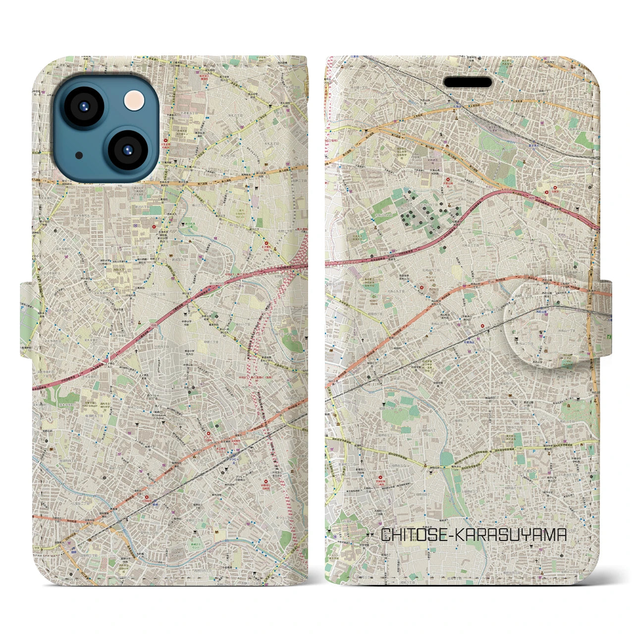 【千歳烏山(東京都)】地図柄iPhoneケース(手帳タイプ)ナチュラル・iPhone 13 用