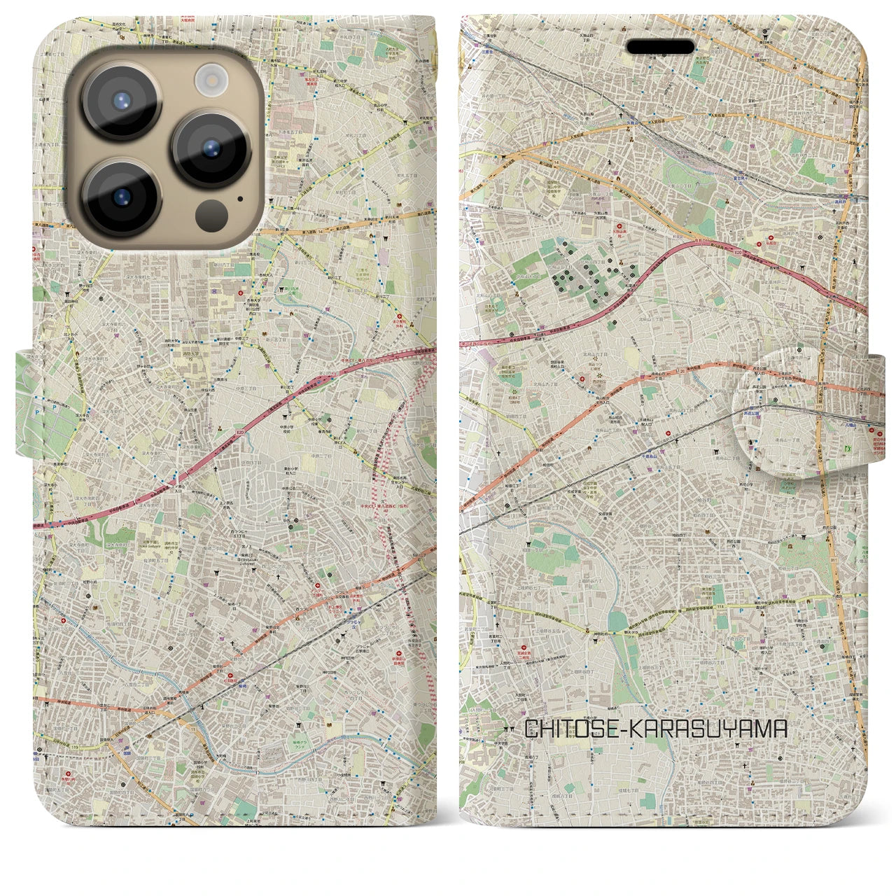 【千歳烏山(東京都)】地図柄iPhoneケース(手帳タイプ)ナチュラル・iPhone 14 Pro Max 用