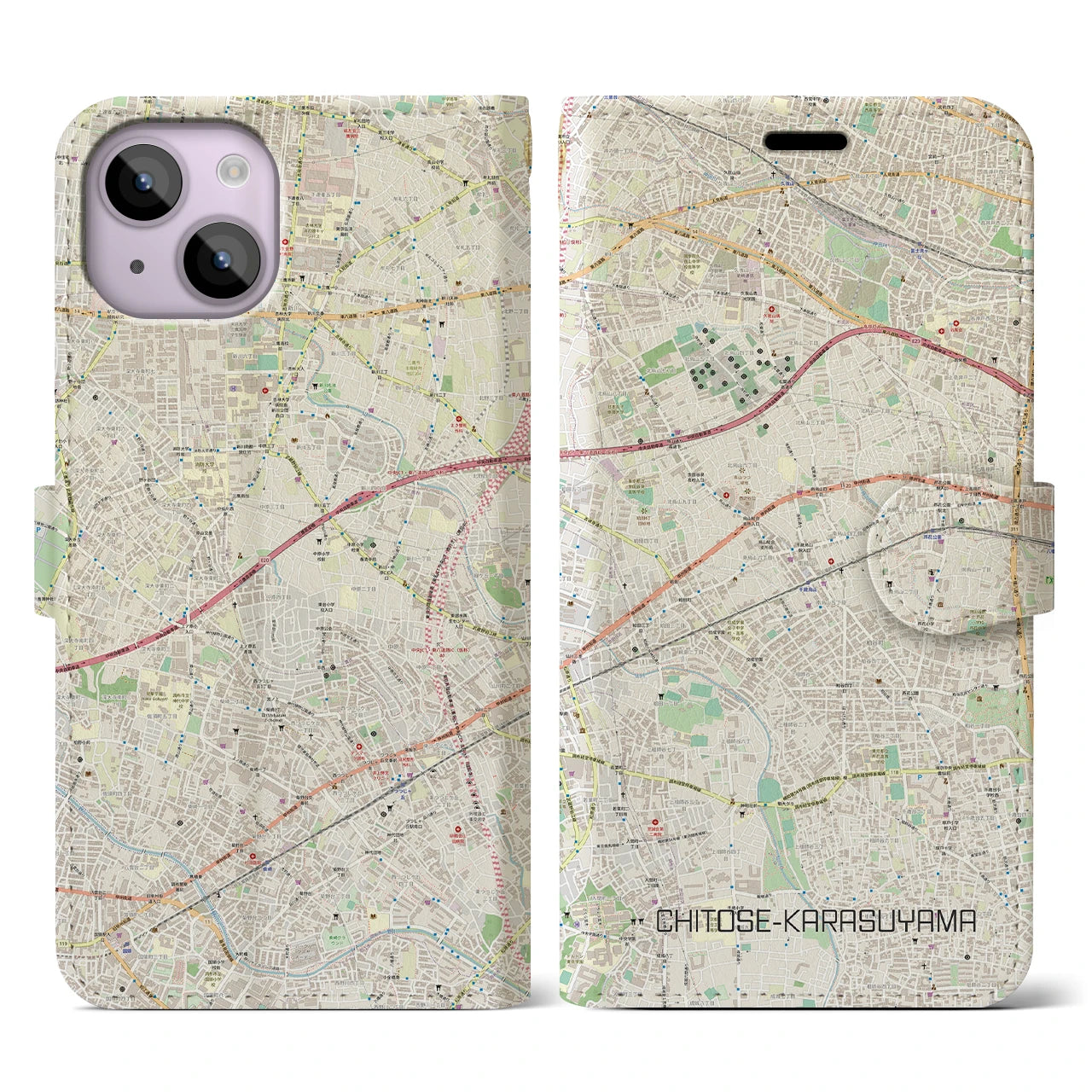 【千歳烏山(東京都)】地図柄iPhoneケース(手帳タイプ)ナチュラル・iPhone 14 用