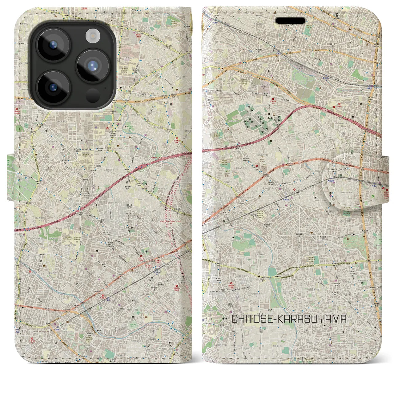 【千歳烏山(東京都)】地図柄iPhoneケース(手帳タイプ)ナチュラル・iPhone 15 Pro Max 用