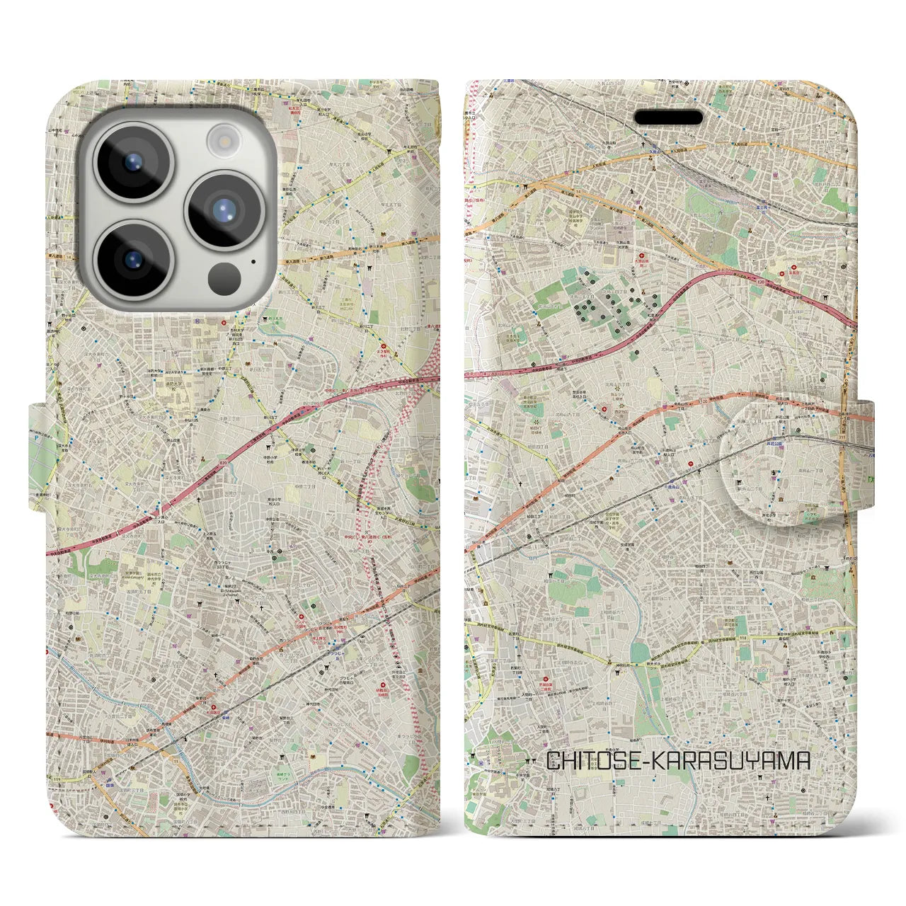 【千歳烏山(東京都)】地図柄iPhoneケース(手帳タイプ)ナチュラル・iPhone 15 Pro 用