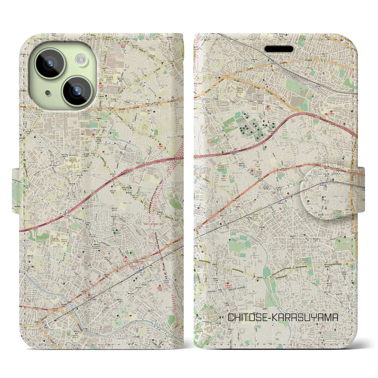 【千歳烏山(東京都)】地図柄iPhoneケース(手帳タイプ)ナチュラル・iPhone 15 用