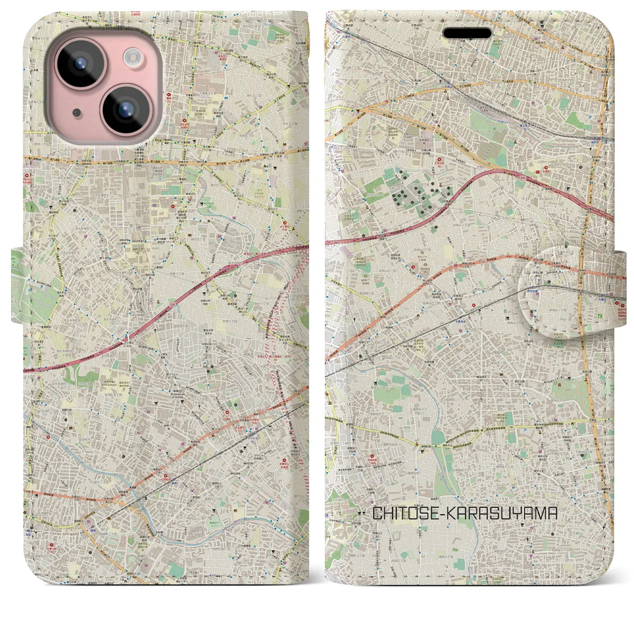 【千歳烏山(東京都)】地図柄iPhoneケース(手帳タイプ)ナチュラル・iPhone 15 Plus 用
