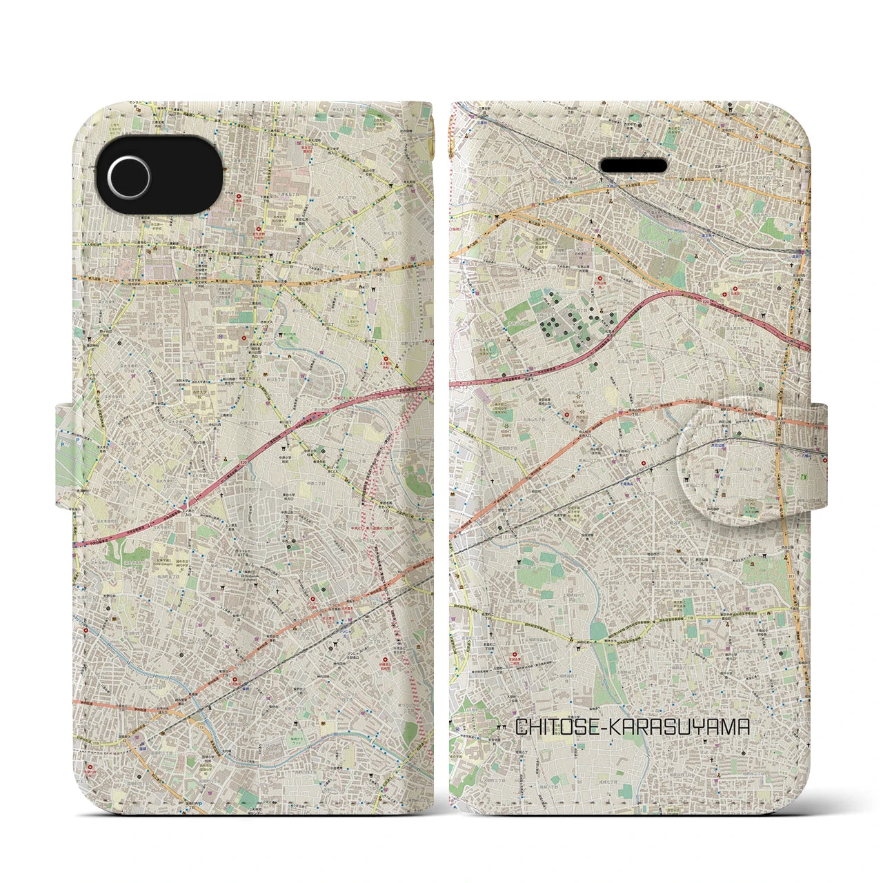 【千歳烏山(東京都)】地図柄iPhoneケース(手帳タイプ)ナチュラル・iPhone SE(第3 / 第2世代) / 8 / 7 / 6s / 6 用