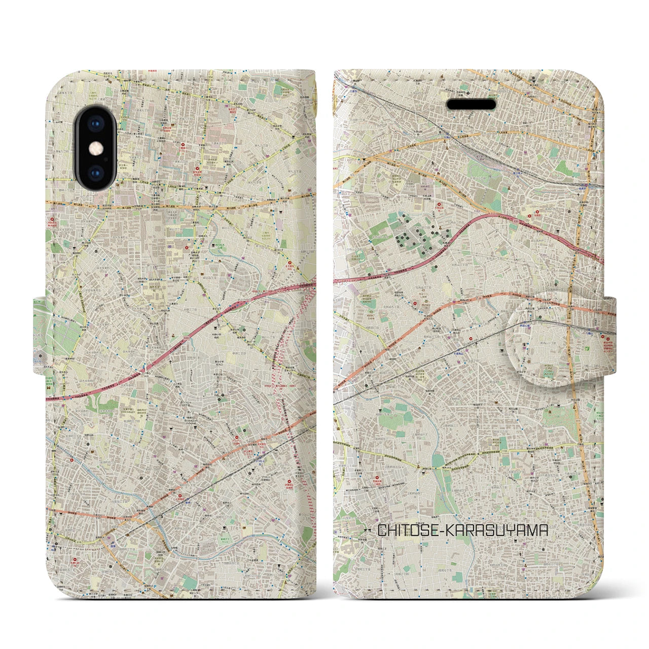 【千歳烏山(東京都)】地図柄iPhoneケース(手帳タイプ)ナチュラル・iPhone XS / X 用