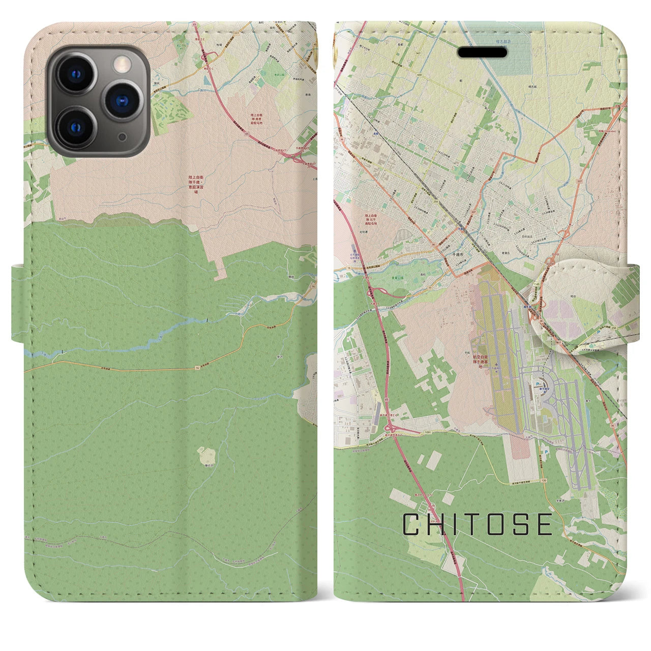 【千歳(北海道)】地図柄iPhoneケース(手帳タイプ)ナチュラル・iPhone 11 Pro Max 用