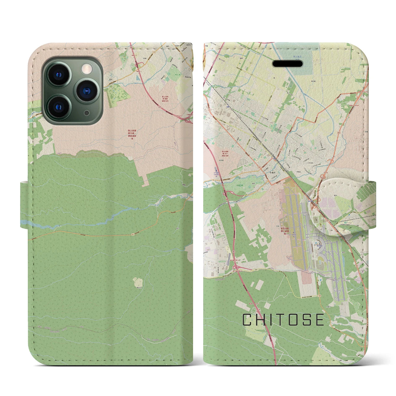 【千歳(北海道)】地図柄iPhoneケース(手帳タイプ)ナチュラル・iPhone 11 Pro 用