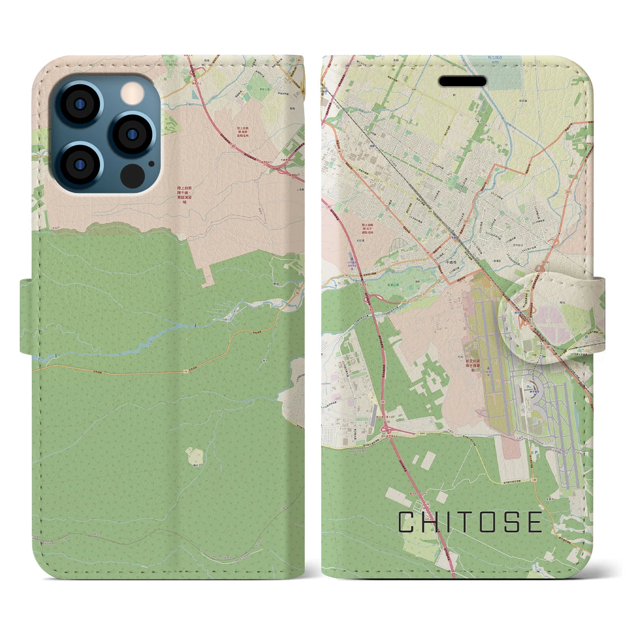 【千歳(北海道)】地図柄iPhoneケース(手帳タイプ)ナチュラル・iPhone 12 / 12 Pro 用
