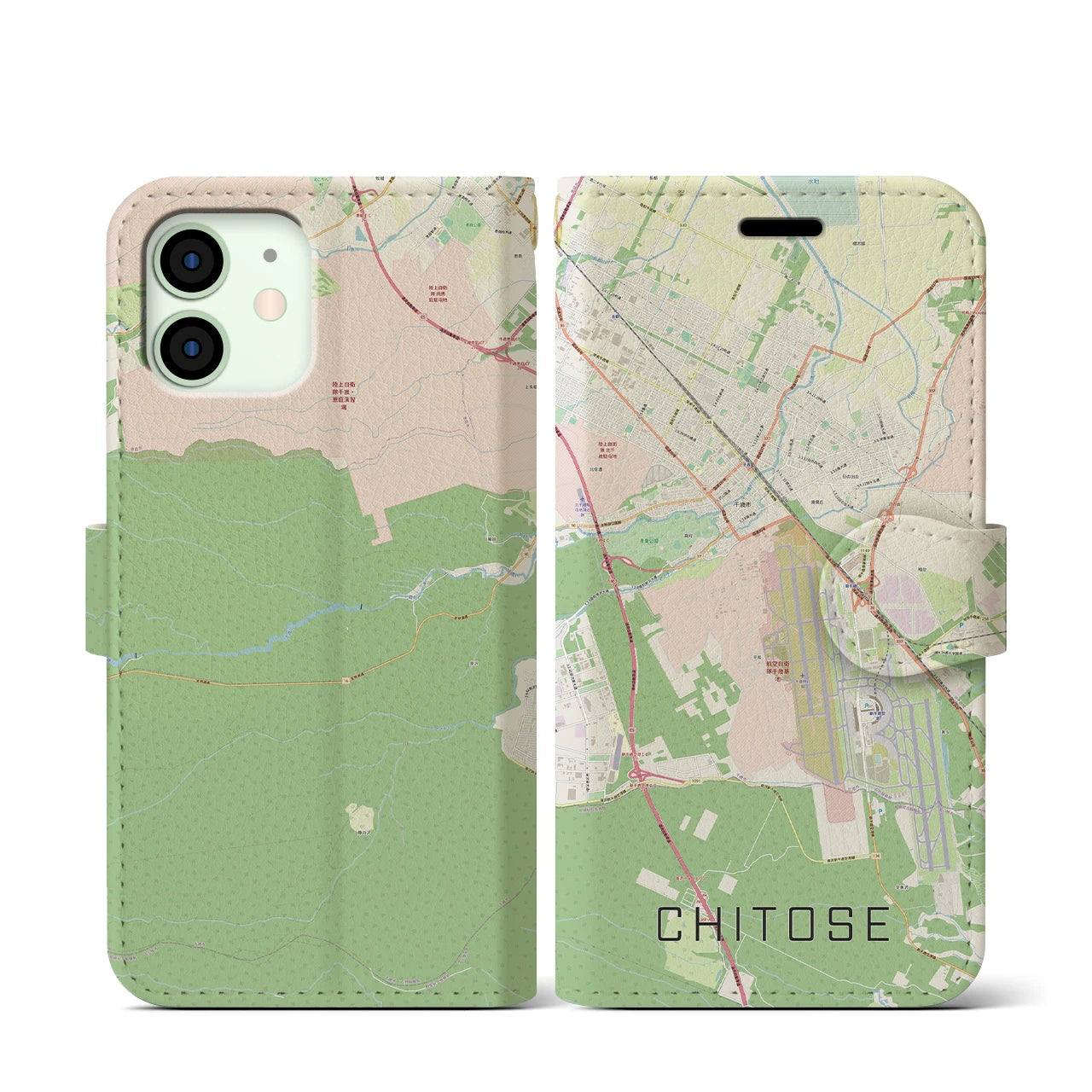 【千歳(北海道)】地図柄iPhoneケース(手帳タイプ)ナチュラル・iPhone 12 mini 用