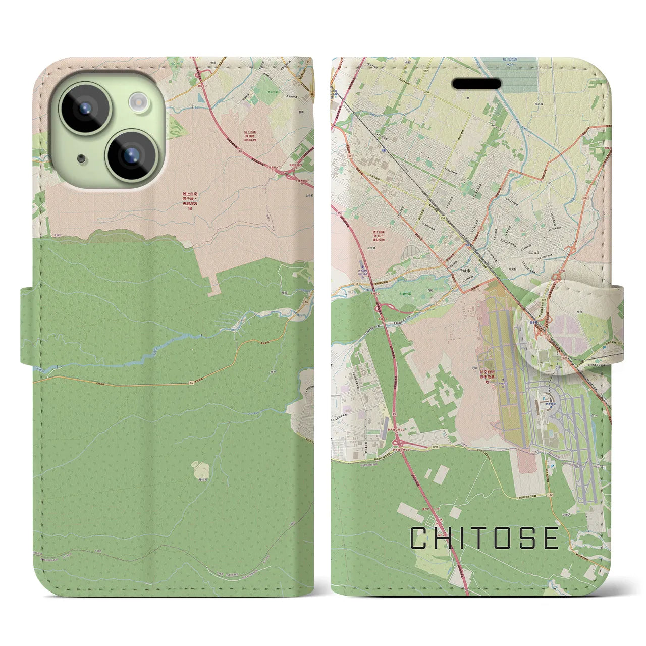 【千歳(北海道)】地図柄iPhoneケース(手帳タイプ)ナチュラル・iPhone 15 用