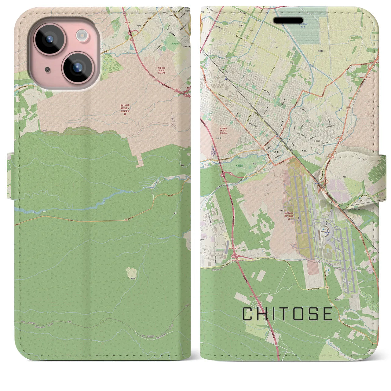 【千歳(北海道)】地図柄iPhoneケース(手帳タイプ)ナチュラル・iPhone 15 Plus 用