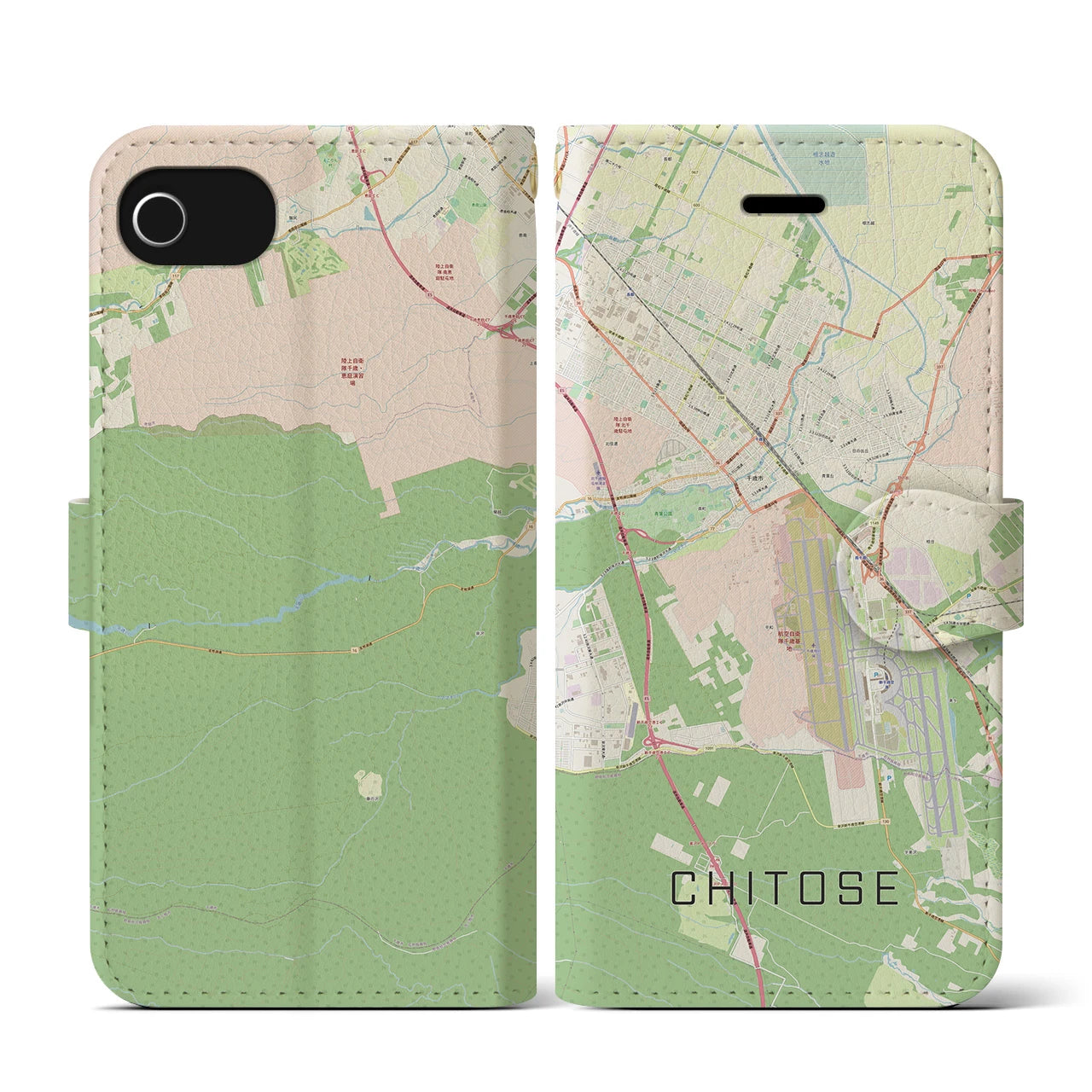 【千歳(北海道)】地図柄iPhoneケース(手帳タイプ)ナチュラル・iPhone SE(第3 / 第2世代) / 8 / 7 / 6s / 6 用