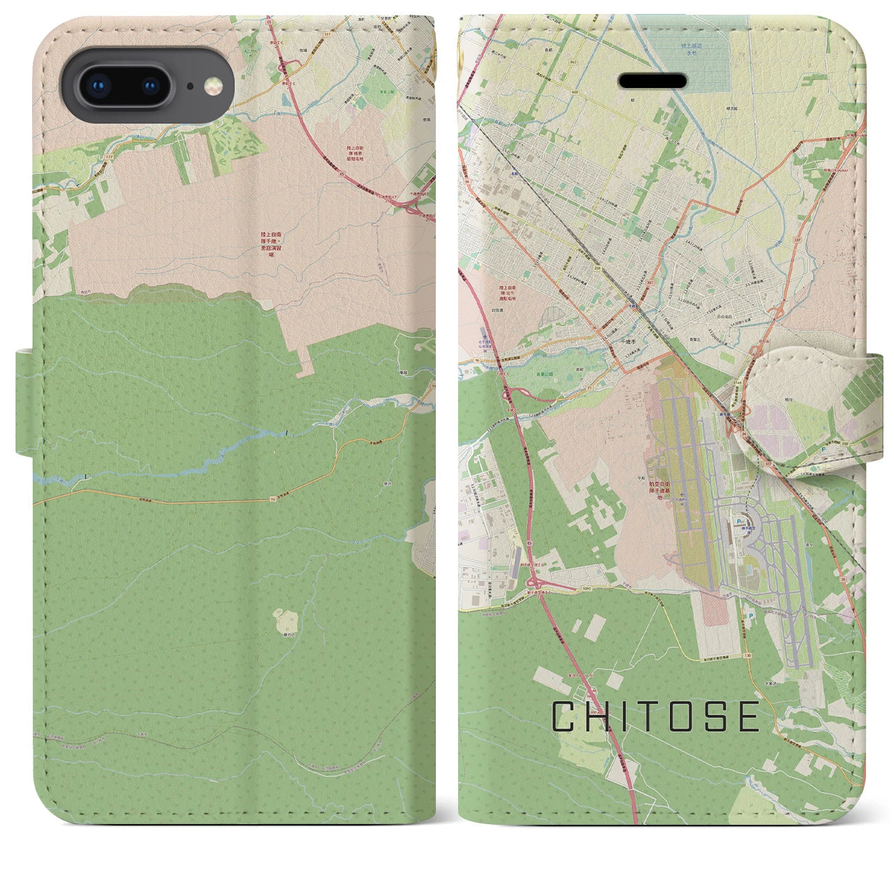 【千歳(北海道)】地図柄iPhoneケース(手帳タイプ)ナチュラル・iPhone 8Plus /7Plus / 6sPlus / 6Plus 用