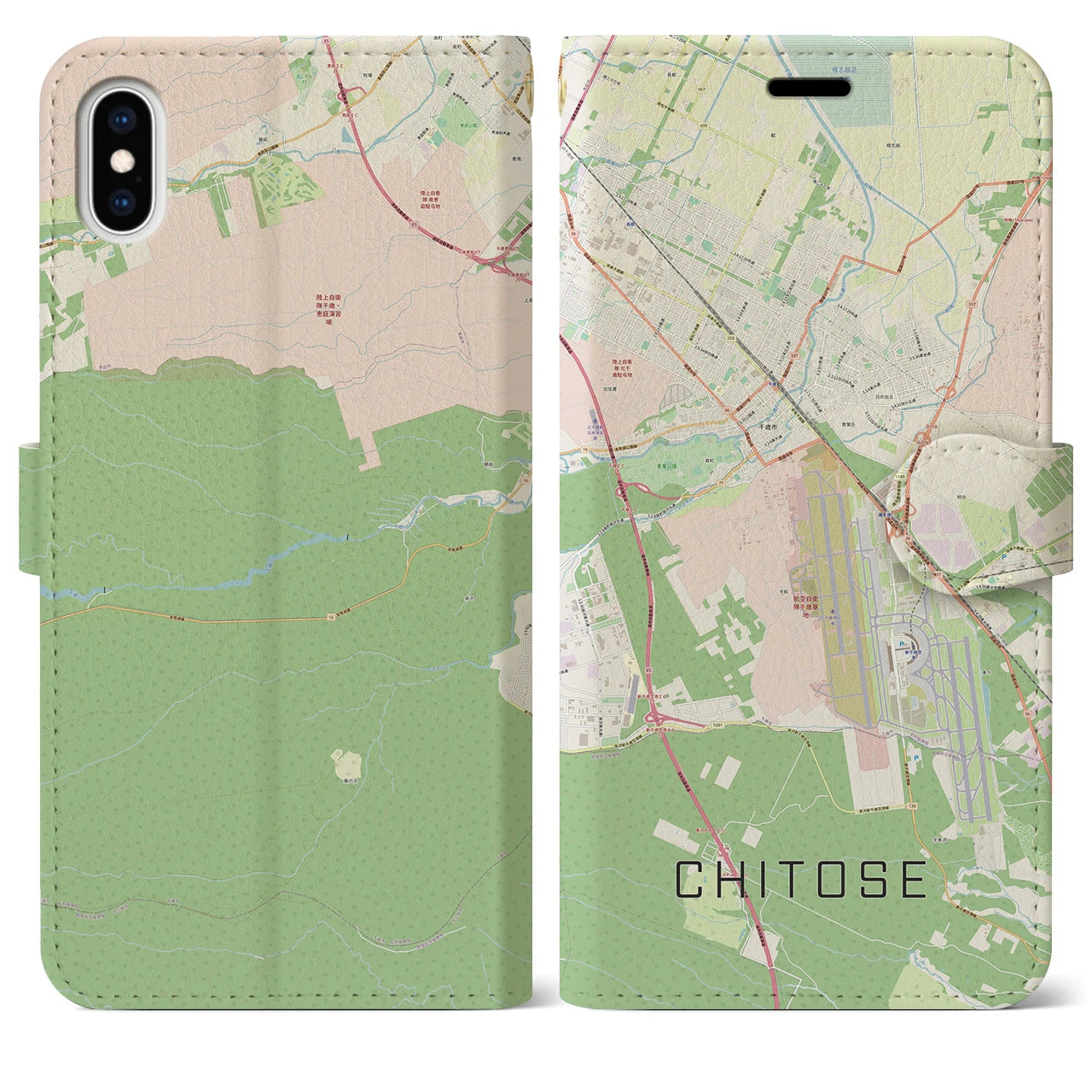 【千歳(北海道)】地図柄iPhoneケース(手帳タイプ)ナチュラル・iPhone XS Max 用