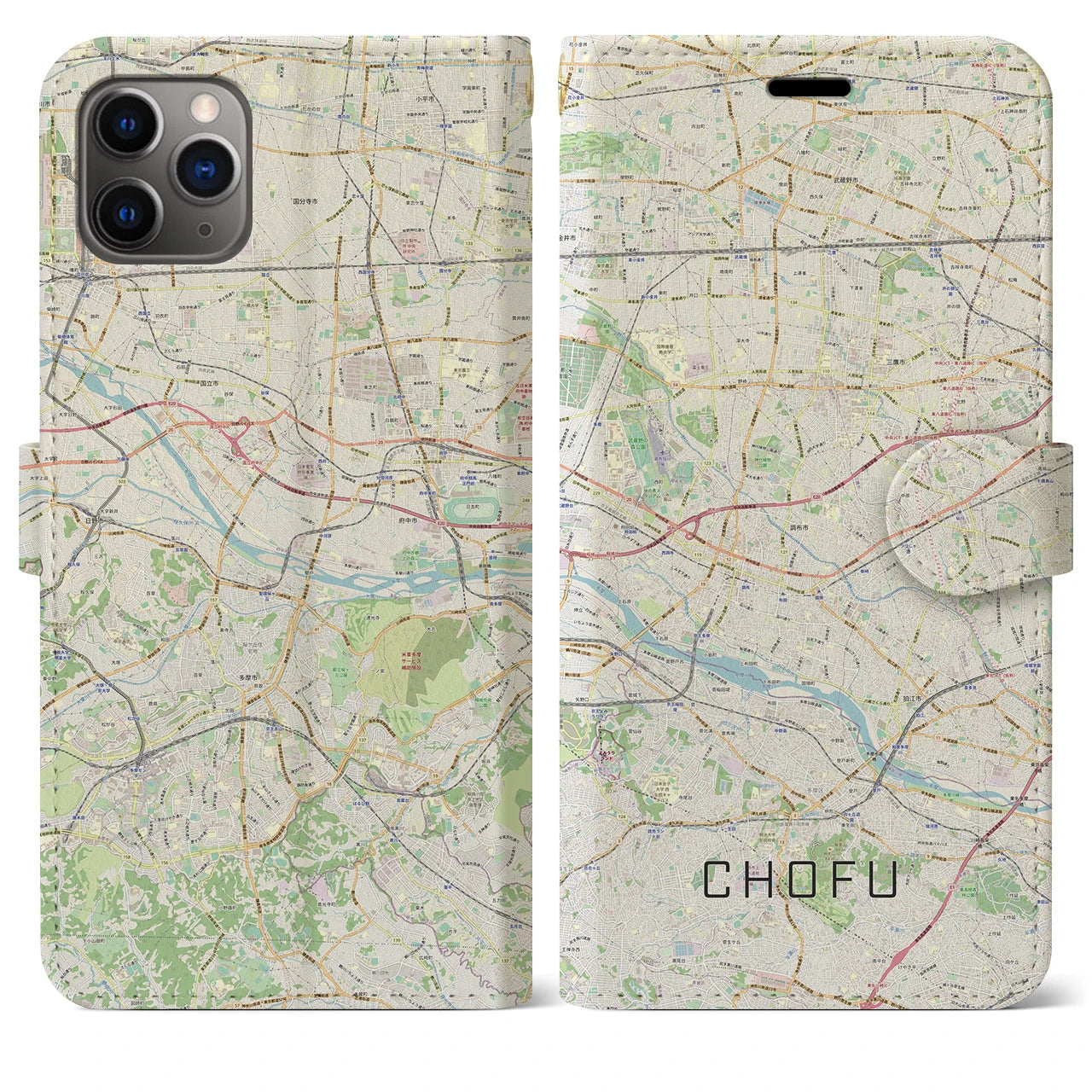 【調布2(東京都)】地図柄iPhoneケース(手帳タイプ)ナチュラル・iPhone 11 Pro Max 用