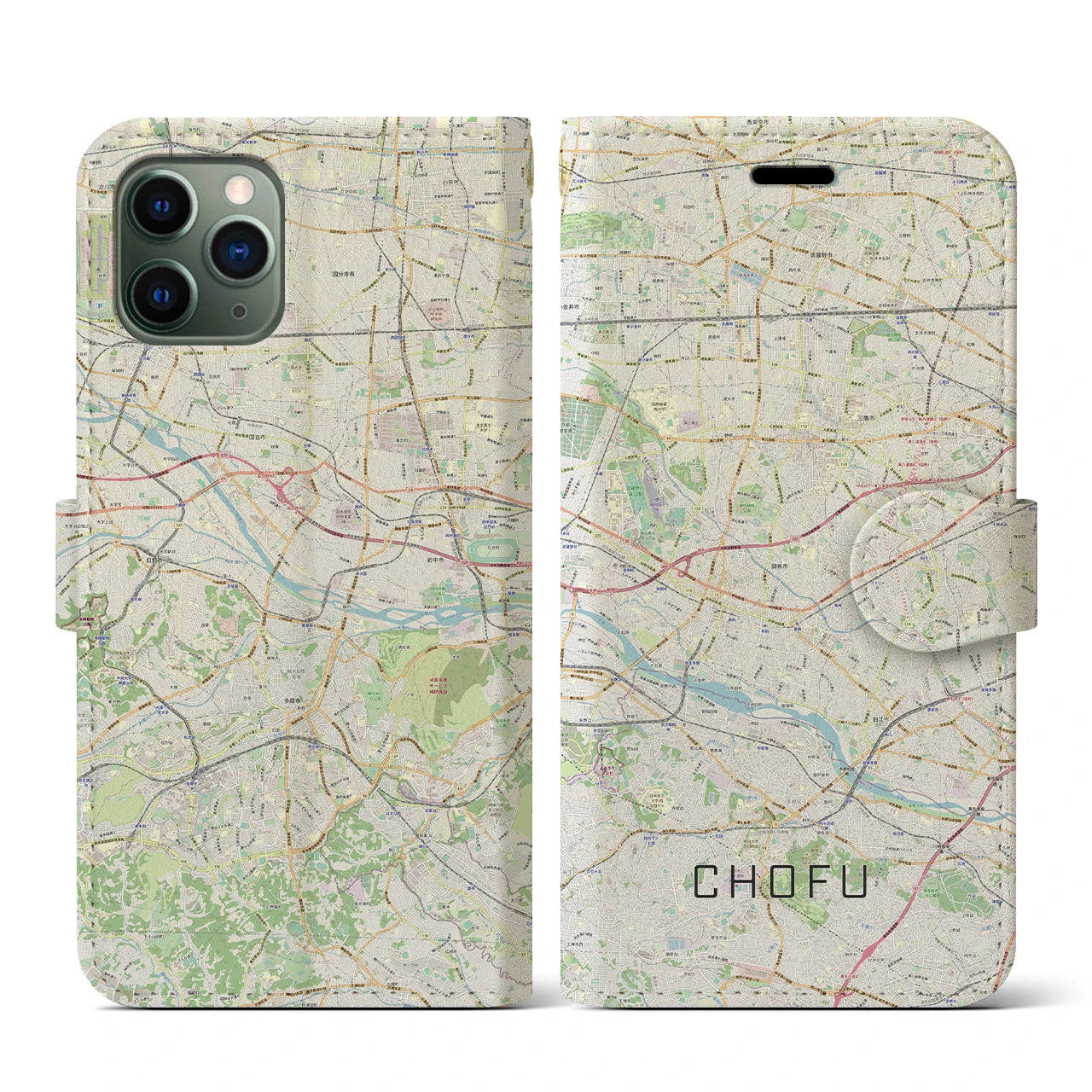【調布2(東京都)】地図柄iPhoneケース(手帳タイプ)ナチュラル・iPhone 11 Pro 用