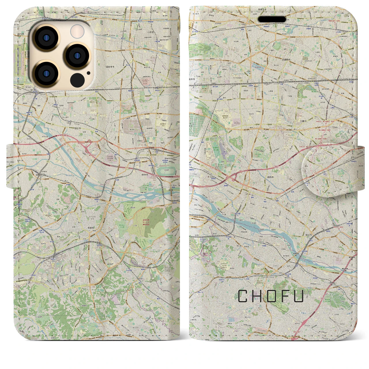 【調布2(東京都)】地図柄iPhoneケース(手帳タイプ)ナチュラル・iPhone 12 Pro Max 用