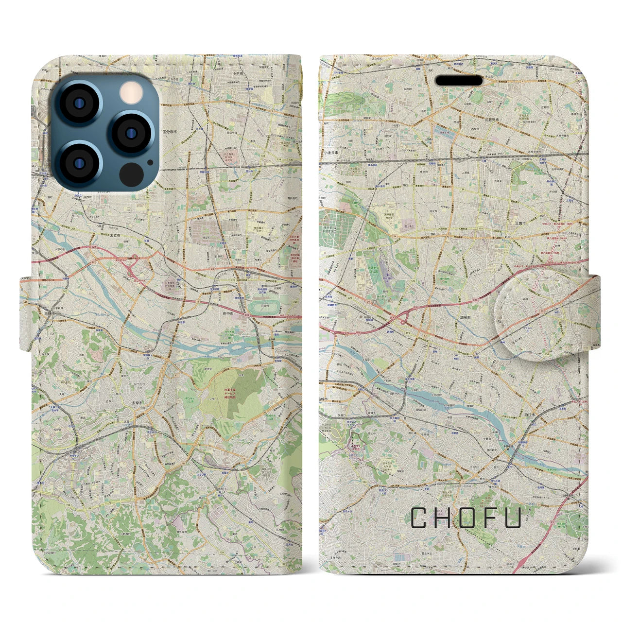 【調布2(東京都)】地図柄iPhoneケース(手帳タイプ)ナチュラル・iPhone 12 / 12 Pro 用