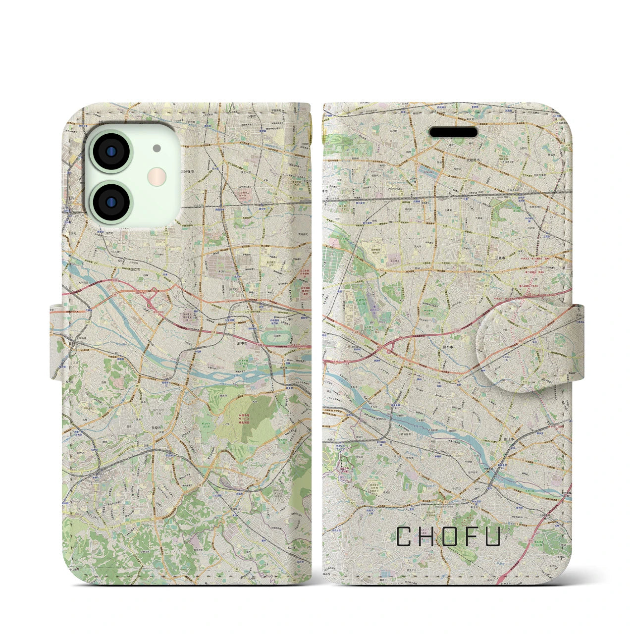 【調布2(東京都)】地図柄iPhoneケース(手帳タイプ)ナチュラル・iPhone 12 mini 用