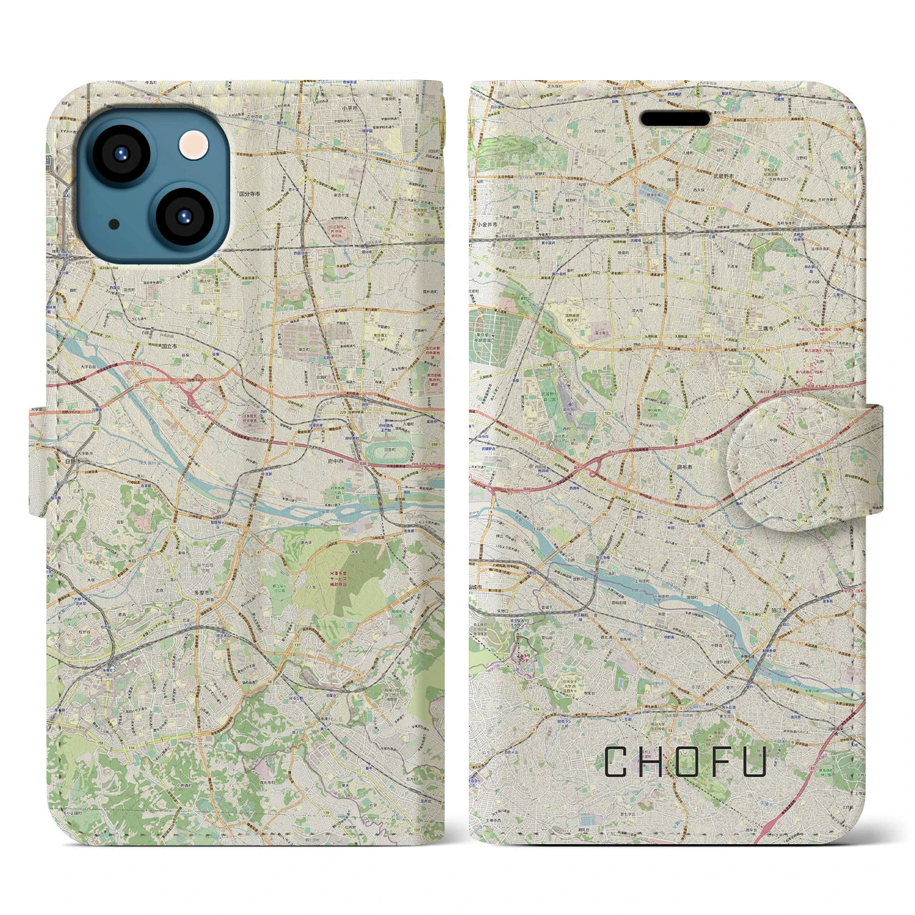 【調布2(東京都)】地図柄iPhoneケース(手帳タイプ)ナチュラル・iPhone 13 用
