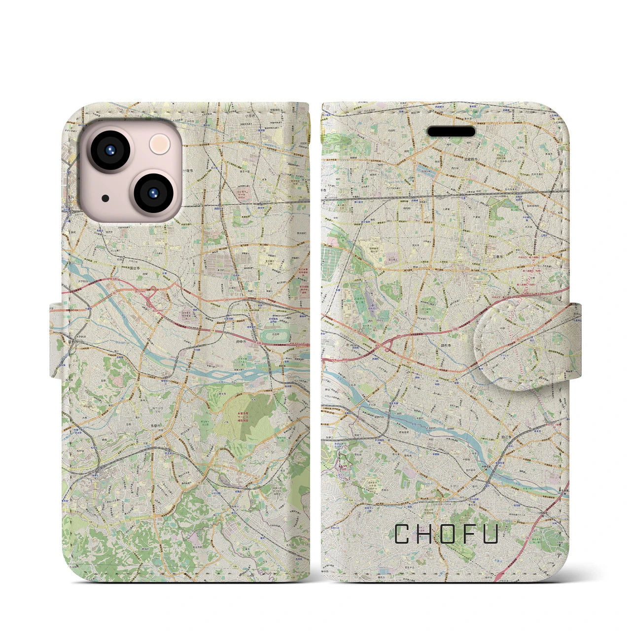【調布2(東京都)】地図柄iPhoneケース(手帳タイプ)ナチュラル・iPhone 13 mini 用