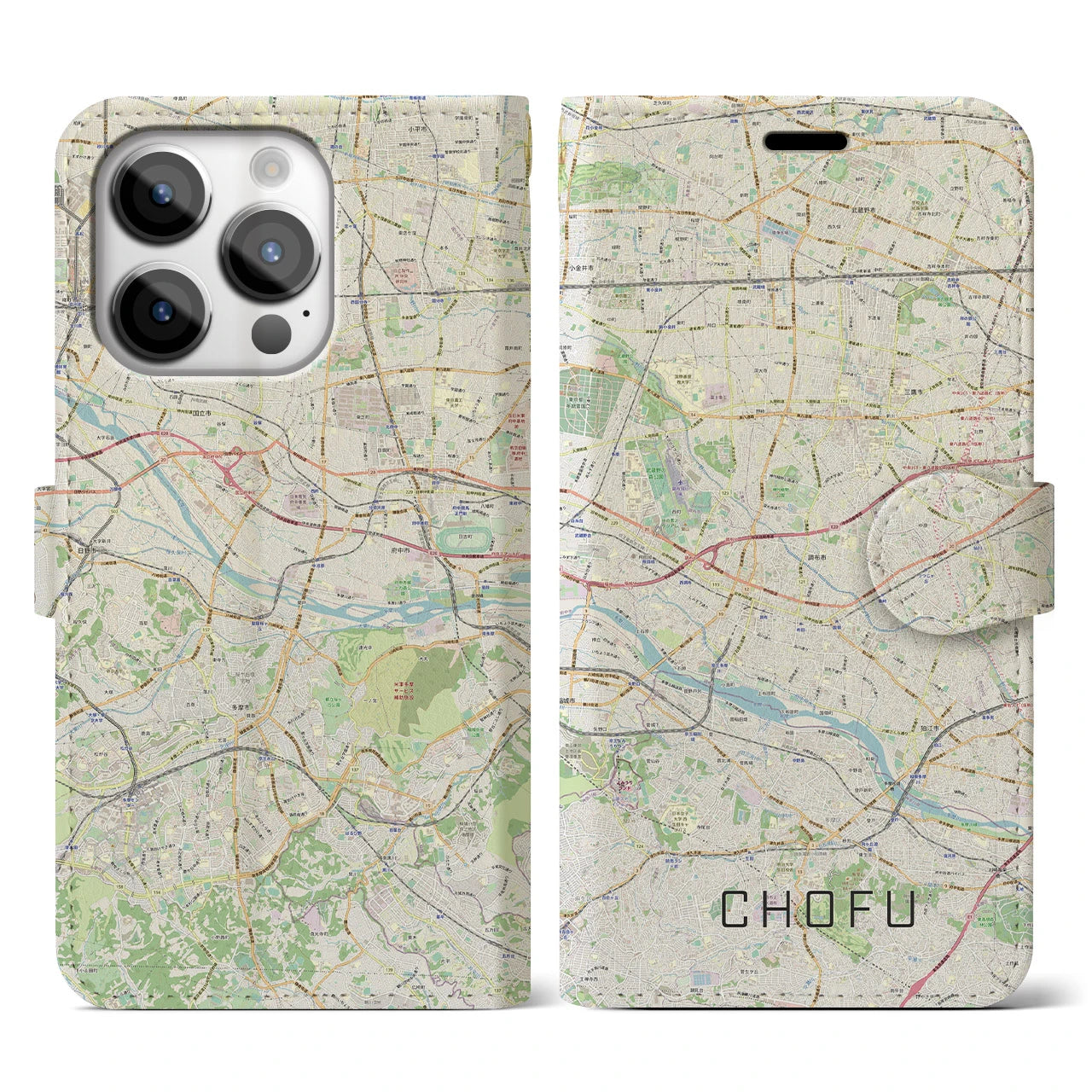 【調布2(東京都)】地図柄iPhoneケース(手帳タイプ)ナチュラル・iPhone 14 Pro 用