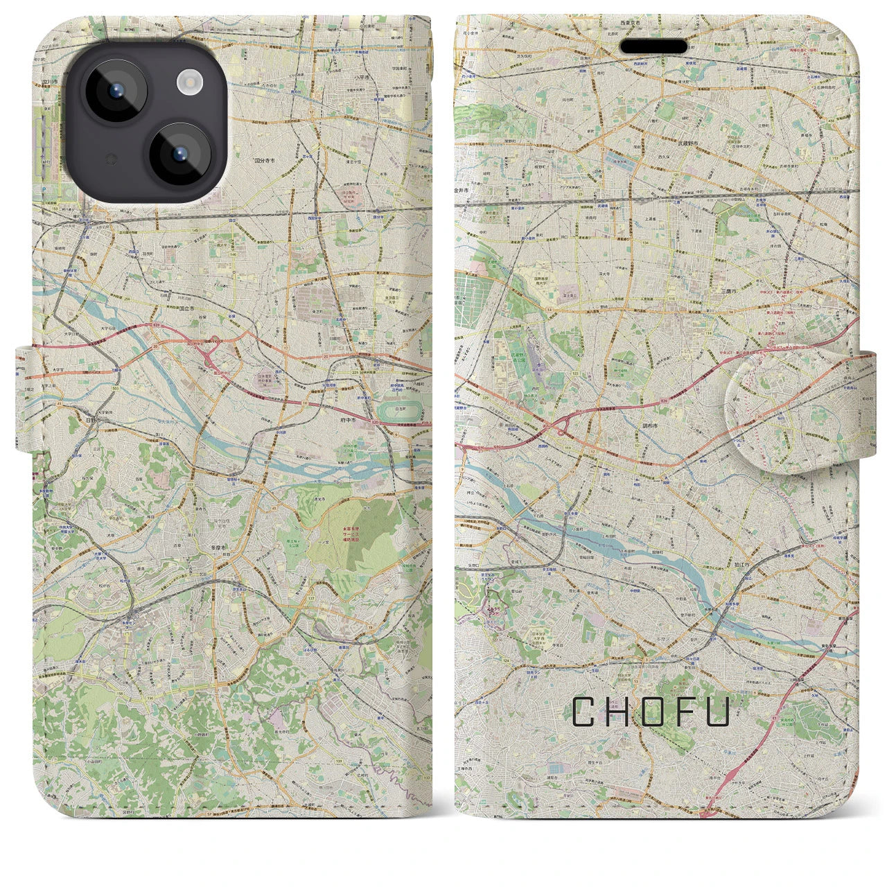 【調布2(東京都)】地図柄iPhoneケース(手帳タイプ)ナチュラル・iPhone 14 Plus 用