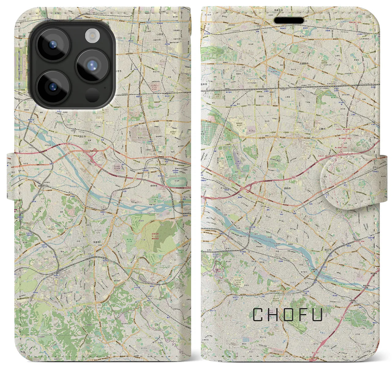 【調布2(東京都)】地図柄iPhoneケース(手帳タイプ)ナチュラル・iPhone 15 Pro Max 用