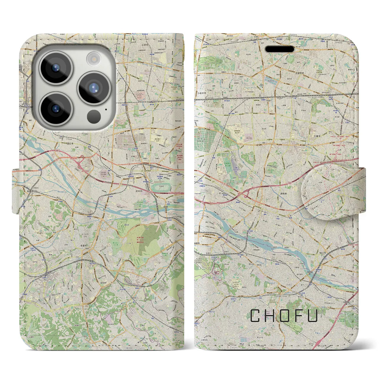 【調布2(東京都)】地図柄iPhoneケース(手帳タイプ)ナチュラル・iPhone 15 Pro 用