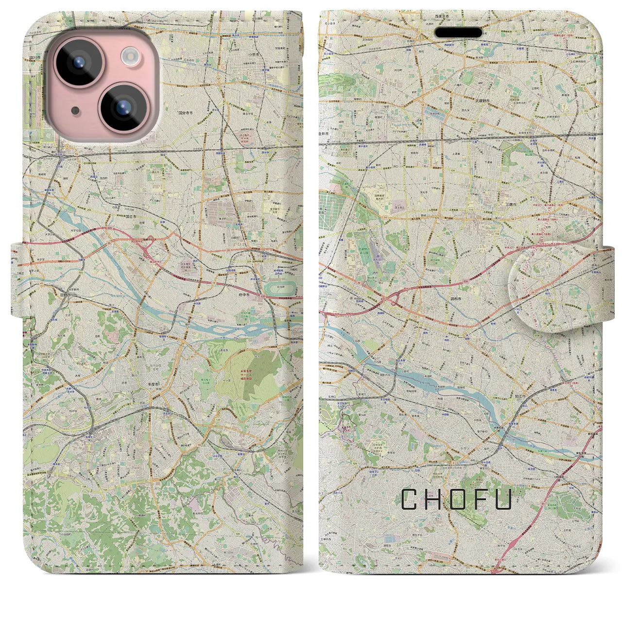 【調布2(東京都)】地図柄iPhoneケース(手帳タイプ)ナチュラル・iPhone 15 Plus 用